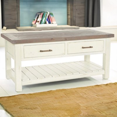 FWStyle Solid Reclaimed Pine Cream 2 Drawer Coffee Table