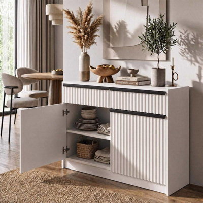 FWStyle White Fluted 2 Door 2 Drawer Sideboard Storage Unit Scratch ...