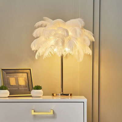 G4 Modern White Feather Lampshade Table Lamp Fixtures Decor - Warm Light