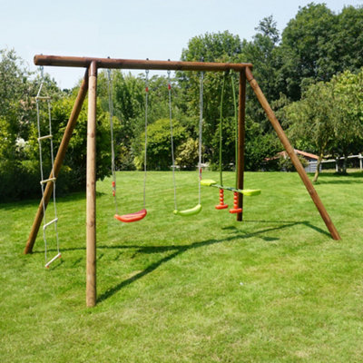 Gabin Triple Wooden Swing Set with Rope Ladder