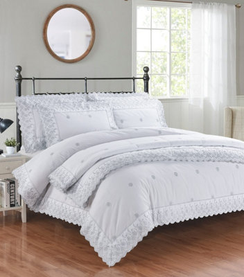 Gabrielle Floral Polycotton Fabric Duvet Cover Set Bedding with Pillowcase (Silver)