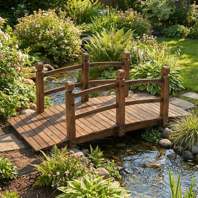 GAINOOM 150 cm Brown Wooden Garden Bridge, Classic Arc Footbridge with ...