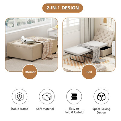 GAINOOM 2-in-1 Beige Convertible Sofa Ottoman Single Guest Bed Folding ...
