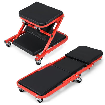 GAINOOM 2-in-1 Red Rolling Creeper Seat Folding Creeper w/ PVC Padded Seat