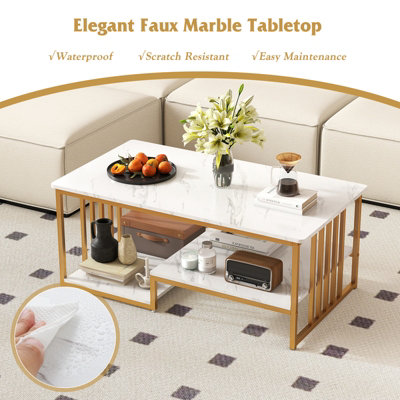 GAINOOM 2-Tier White Center Table Faux Marble Coffee Table