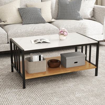 GAINOOM 2-Tier White Coffee Table Rectangular Center Table with ...