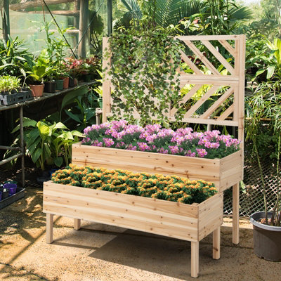 GAINOOM 2-Tier Wood Raised Garden Bed Trellis Elevated Planter Box ...