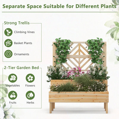 GAINOOM 2-Tier Wood Raised Garden Bed Trellis Elevated Planter Box ...