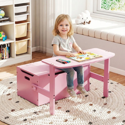 GAINOOM 3-in-1 Pink Desk and Chair Set Kids Convertible Activity Bench ...