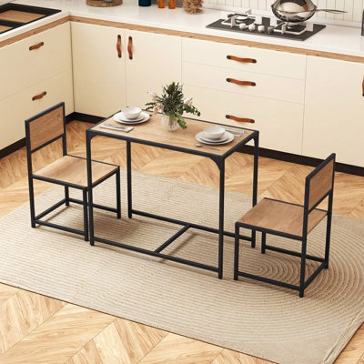 GAINOOM 3 Piece Natural Dining Table Set Industrial Rectangular Kitchen ...