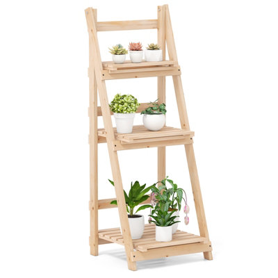 GAINOOM 3-Tier Wooden Natural Plant Stand Foldable Ladder Storage Shelf ...