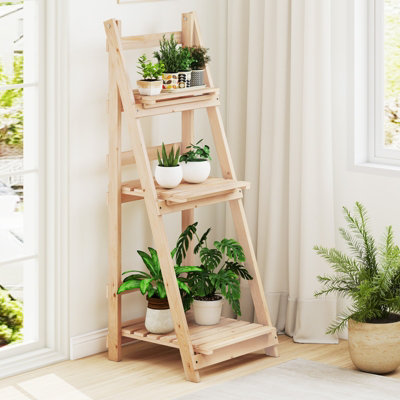 GAINOOM 3-Tier Wooden Natural Plant Stand Foldable Ladder Storage Shelf ...