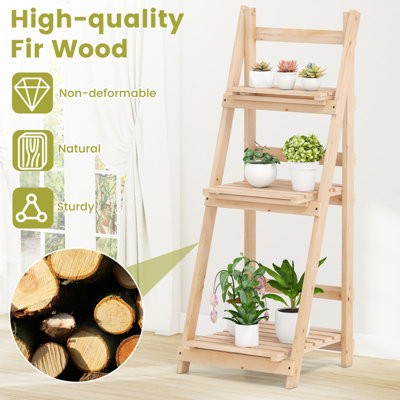 GAINOOM 3-Tier Wooden Natural Plant Stand Foldable Ladder Storage Shelf ...