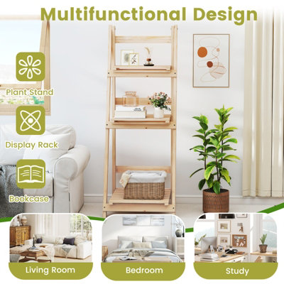 GAINOOM 3-Tier Wooden Natural Plant Stand Foldable Ladder Storage Shelf ...