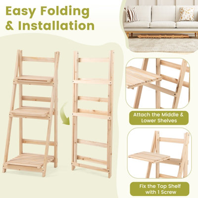 GAINOOM 3-Tier Wooden Natural Plant Stand Foldable Ladder Storage Shelf ...