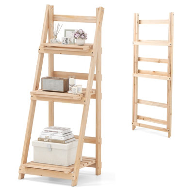 GAINOOM 3-Tier Wooden Natural Plant Stand Foldable Ladder Storage Shelf ...