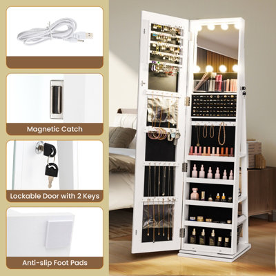 GAINOOM 360 Degree Swivel Jewelry Cabinet White Freestanding