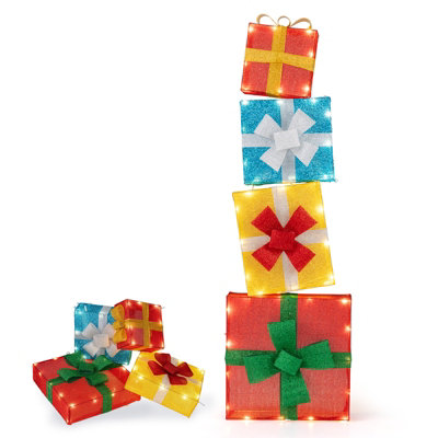 GAINOOM 4 Ft Lighted Stackable Gift Boxes Pre-lit Xmas Boxes Decoration