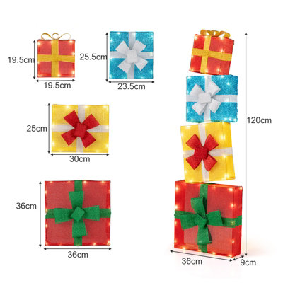 GAINOOM 4 Ft Lighted Stackable Gift Boxes Pre-lit Xmas Boxes Decoration