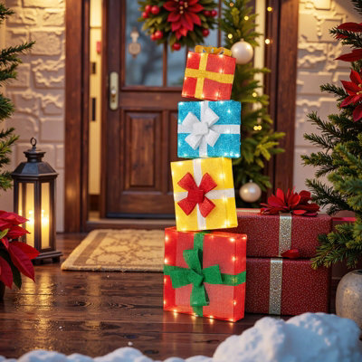 GAINOOM 4 Ft Lighted Stackable Gift Boxes Pre-lit Xmas Boxes Decoration