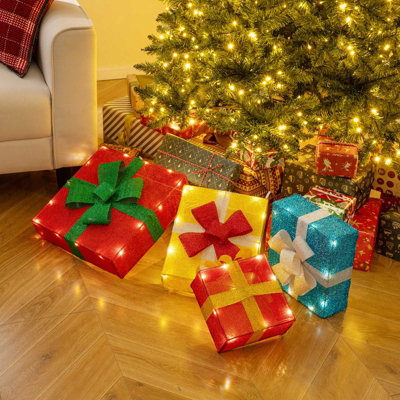 GAINOOM 4 Ft Lighted Stackable Gift Boxes Pre-lit Xmas Boxes Decoration