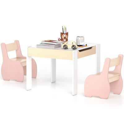 GAINOOM 4-in-1 Kids Pink Table and Chair Set Children Activity Storage ...