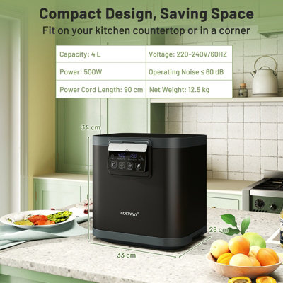 GAINOOM 4L Black Electric Composter Smart Waste Dispenser Countertop Compost