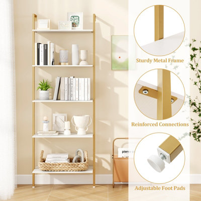GAINOOM 5-Tier Gold Ladder Shelf Wall Mounted Bookcase with Metal Frame