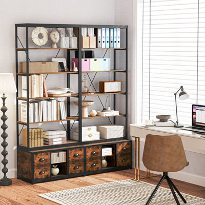 GAINOOM 8-tier Brown Bookshelf Freestanding Bookcase with Storage & Drawers