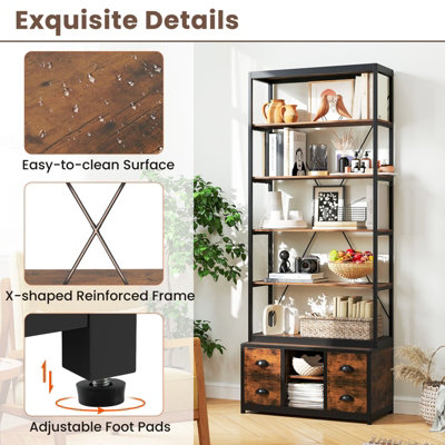 GAINOOM 8-tier Brown Bookshelf Freestanding Bookcase with Storage & Drawers
