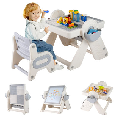 GAINOOM 9-in-1 Kids Grey Activity Table & Chair Set Folding & Rotating ...