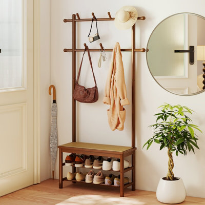 GAINOOM Bamboo Brown Coat Rack PE Rattan Hall Tree with Bench
