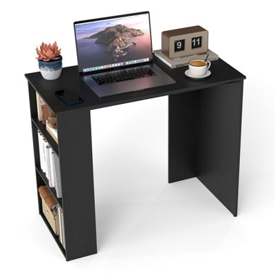 GAINOOM Black Computer Desk 90cm Study Desk Wooden Writing Desk w/Bookshelf