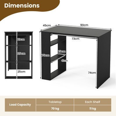 GAINOOM Black Computer Desk 90cm Study Desk Wooden Writing Desk w/Bookshelf