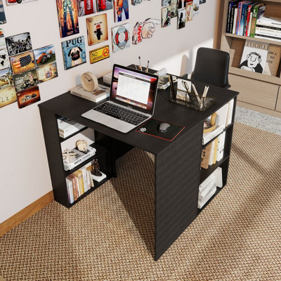 GAINOOM Black Computer Desk 90cm Study Desk Wooden Writing Desk w/Bookshelf