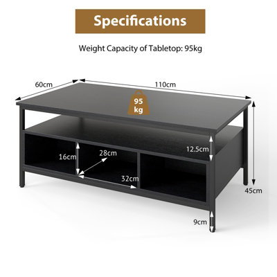 GAINOOM Black Industrial 3-Tier Coffee Table Rectangular Center Table w ...