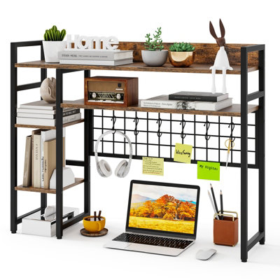 GAINOOM Brown Desk Shelf 4-Tier Desktop Display Rack with Metal Grid Panel