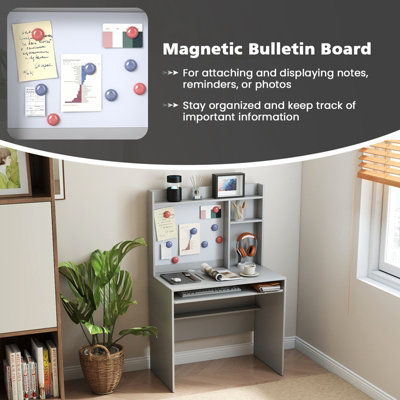 GAINOOM Computer Desk Grey Home Office Desk w/ Magnetic Bulletin Board