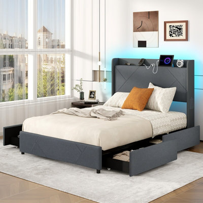 GAINOOM Double Size Bed Frame Upholstered Platform Bed with LED Lights