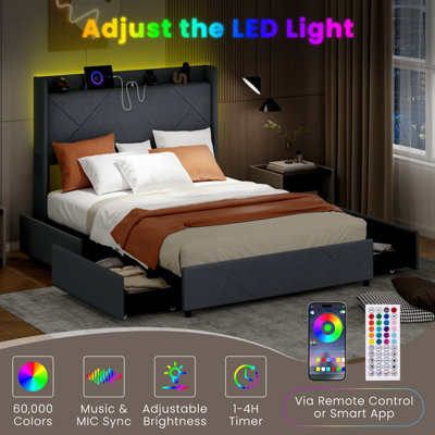 GAINOOM Double Size Bed Frame Upholstered Platform Bed with LED Lights