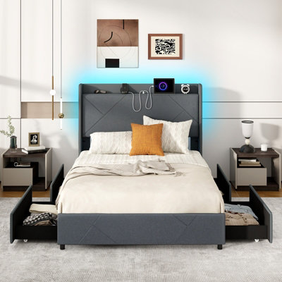 GAINOOM Double Size Bed Frame Upholstered Platform Bed with LED Lights