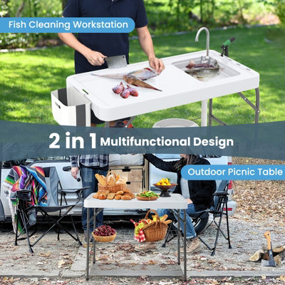 GAINOOM Foldable Fish Cleaning Table 2 in 1 Outdoor Workstation w/ Sink