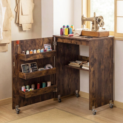 GAINOOM Folding Brown Sewing Table Mobile Sewing Machine Desk Rolling ...