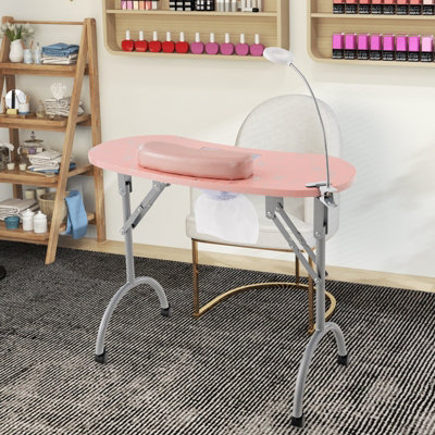 GAINOOM Folding Pink Manicure Nail Table w/Electric Dust Collector & Wheels