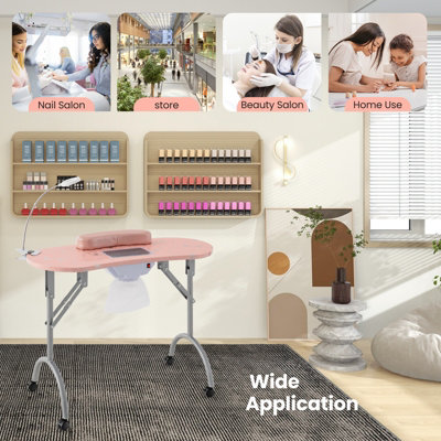 GAINOOM Folding Pink Manicure Nail Table w/Electric Dust Collector & Wheels