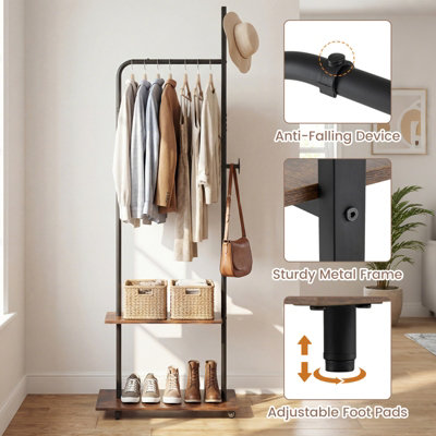 GAINOOM Freestanding Clothing Rack with Wheels Wooden Garment Rack with ...