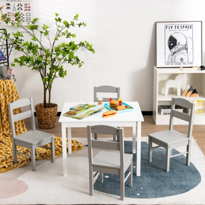 GAINOOM Grey Kids Table & 4 Chairs Set Wooden Activity Table Table ...