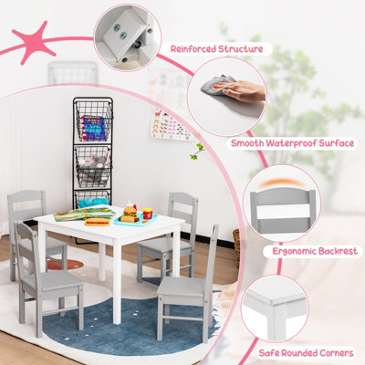 GAINOOM Grey Kids Table & 4 Chairs Set Wooden Activity Table Table ...
