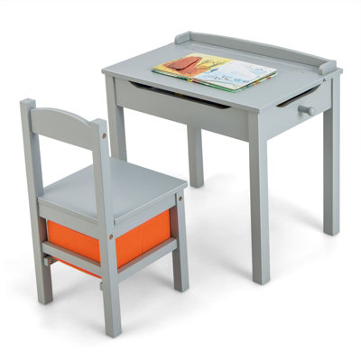 GAINOOM Grey Kids Table and Chair Set Flip Top Toddler Study Desk w/ Chair