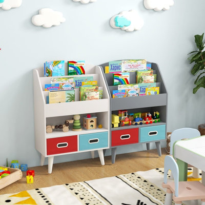 GAINOOM Kids Bookshelf Wooden Children Book Display Rack W/ 2 Foldable ...